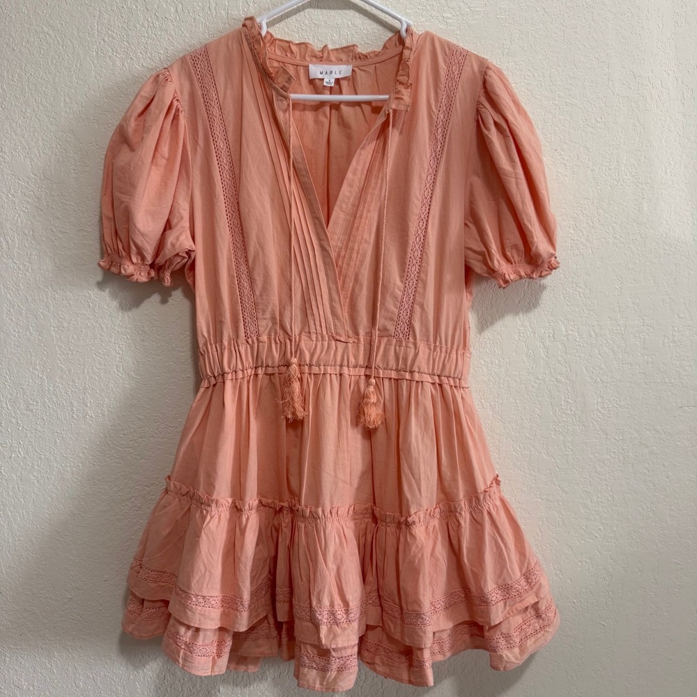 Anthropologie MABLE Peach Tassel Faith Eyelet‎ Prairie Boho Mini Dress Size L